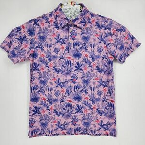 Scales Polo Shirt Mens Small Short Sleeve Golf Performance Pink‎ Flamingos